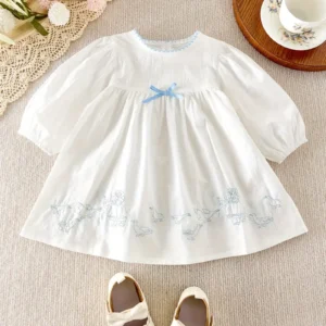 vestido manga larga blanco con detalles azul